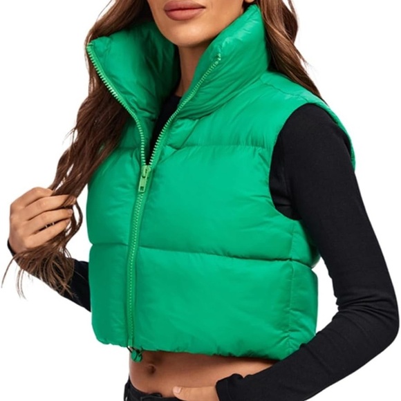 Women's Padded Vest High Stand Collar Lightweight Zip Crop Puffer Gilet Green S - Picture 2 of 6